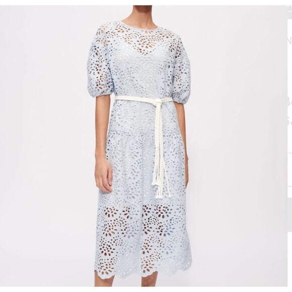 Maje Dresses & Skirts - MAJE 100% Cotton Bare Back Guipure Dropwaist Short Sleeve Midi Brocade Dress XS